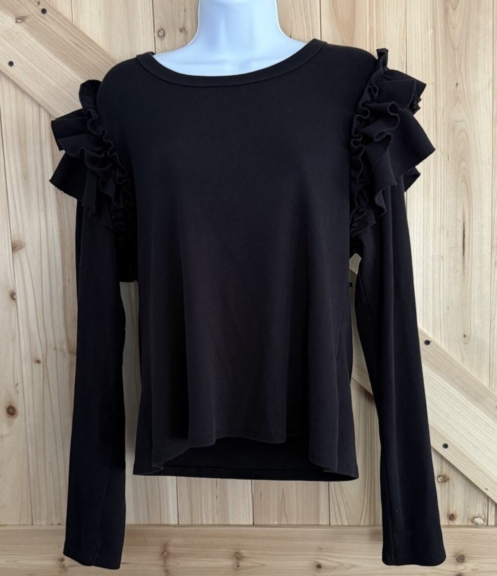 Veronica Beard Jeans Black Gidea Ruffle Long Sleeve Mixed Media Ridged Top Sz XL